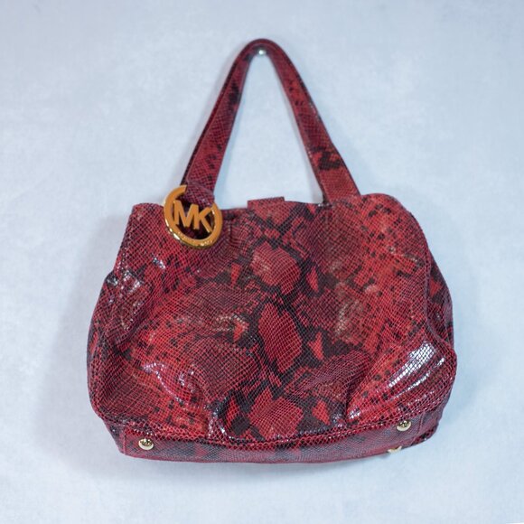 Michael Kors Fulton East-West Tote Red Python Embossed Leather Bag Large - Picture 7 of 13